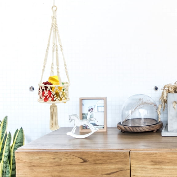 FRCOLOR 1Pcs Macrame Hanging Fruit Basket Beige Cotton Rope Handwoven Nordic Style for Kitchen Use and Home Decoration