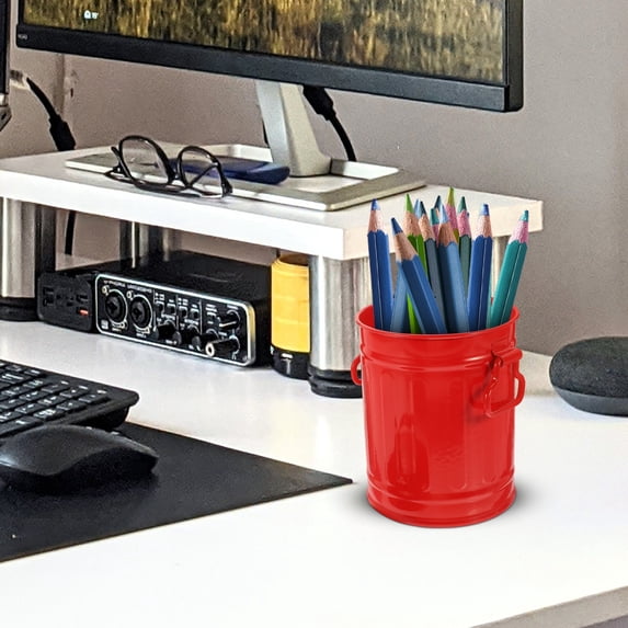 PAMINGONO Sturdy Red Metal Storage Bucket for Desk Stationery and Waste