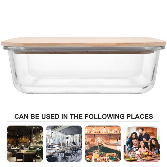 FRCOLOR 1Set Bento Container Transparent 22.5X16.8X7.3CM 1520ml Glass Bamboo Rectangular Flat Lid Design Students