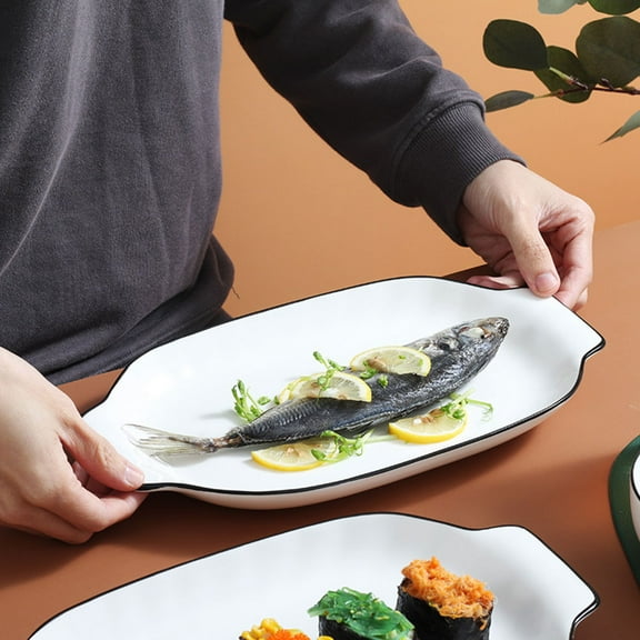PAMINGONO White Ceramic Fish Tray with Double Handles for Home Use Bright Color and Unique Pattern Design