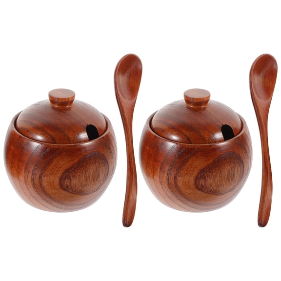 FRCOLOR 2 PCS/Set Sugar Bowl with Lid and Spoon Seasoning Solid Wood Jar