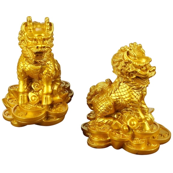 WASHWEPE Decorative Figurines Golden Resin Kylin Figurine For Home Feng Shui 2Pcs 2.3X1.9X1.5In