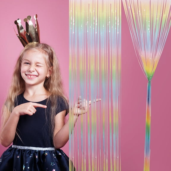 WASHWEPE Fringe Foil Curtain Backdrop Macaron Gradient Light Colors 2Pcs 79x39in