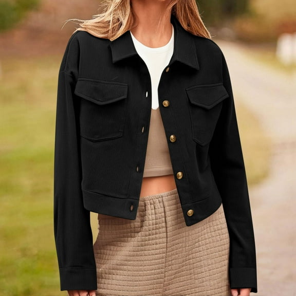 AUNVITO Women's Corduroy Cropped Jacket Round Neck Casual Long Sleeve Cardigan Coat Soft Stretch Comfort No Hood Lightweight Layering