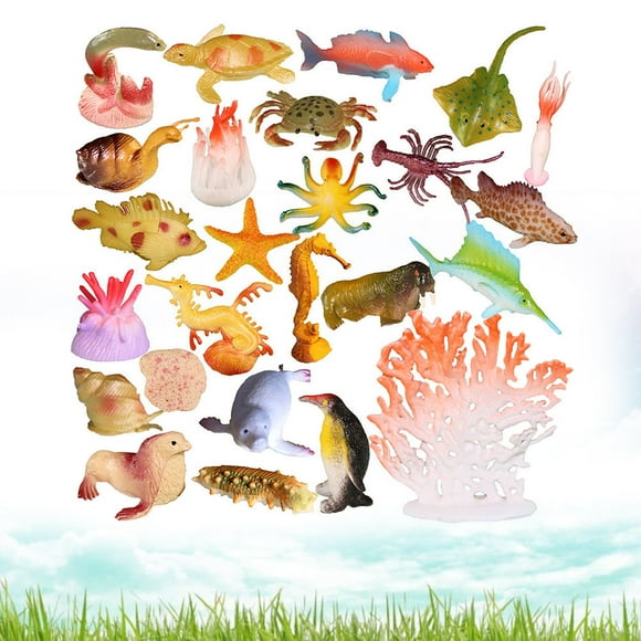 FRCOLOR 26pcs Simulation Marine Animal Model Toys Sea Ocean Animals Pool Toys Set Realistic Deep Sea Animal Figures Birthday Gifts with Seaweed Home Ornament (24 marine animals & 2 corals)