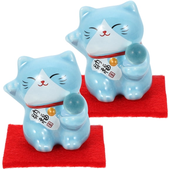 WRISTBIQUE Cat Figurine Wealth Blue Ceramic 2Pcs 1.8x1.8x1.6In