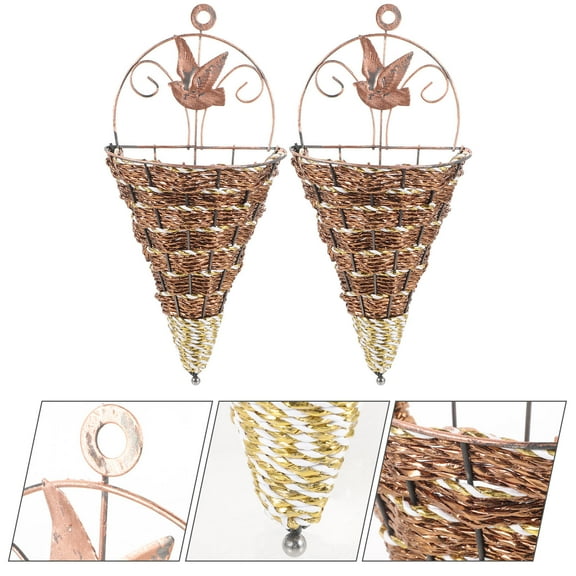 FRCOLOR 2Pcs Decorative Wall Hanging Flower Basket Wicker Wall Vase Coffee Iron Indoor Decor