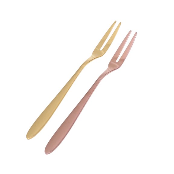FRCOLOR 2pcs Stainless Steel Fruit Forks TwoTines Dessert Cake Forks Tasting Forks Mini Forks (Golden and Rose Gold)