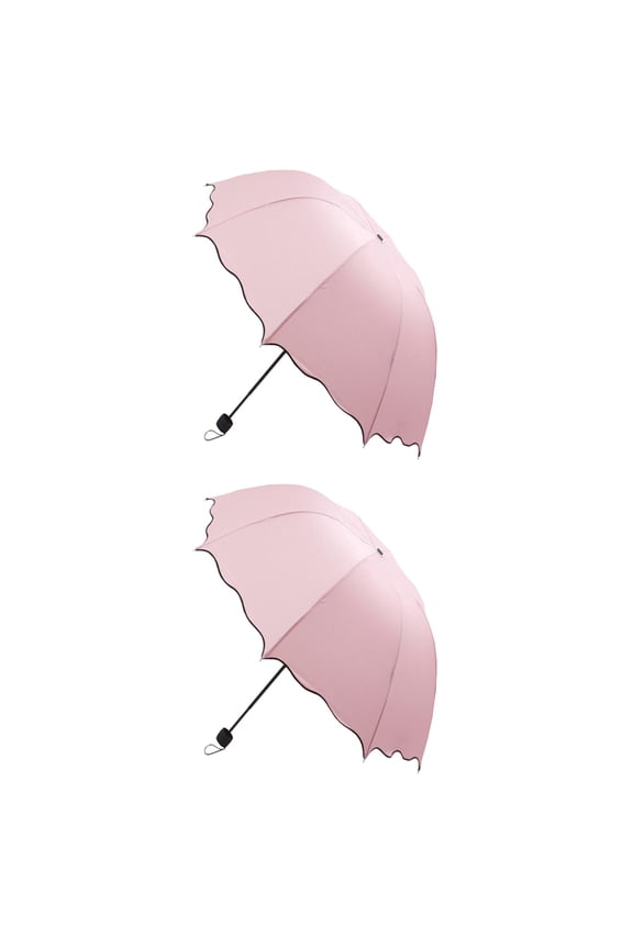 2pcs Triple Folding Dome Ruffled Parasol Sun Rain Umbrella Anti-UV Parasol (Pink)