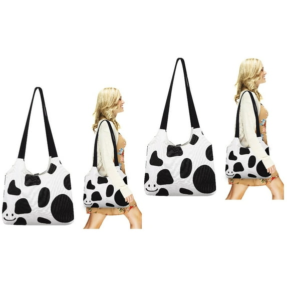 FRCOLOR 2pcs Women Canvas Bag Smile Face Cow Pattern Reusable Shoulder Bag Shopping Grocery Tote Bag for Work Beach Travel