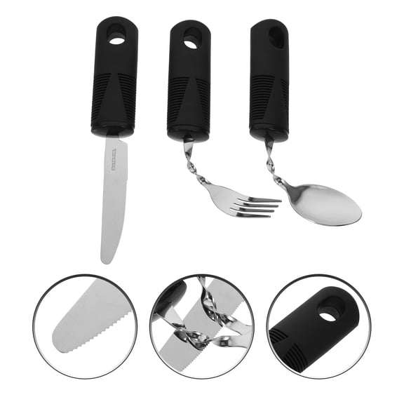 WASHWEPE 3Pcs Durable Black Adaptive Silverware Set Stainless Steel Anti Shaking Spoon Fork for Elderly