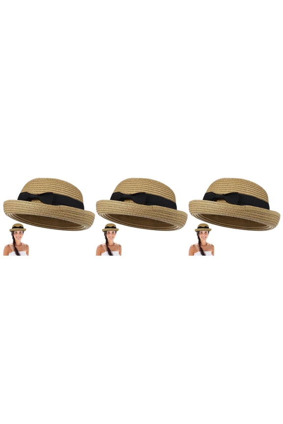3pcs Fashion Women's Girls Bowknot Roll-up Wide Brim Dome Straw Summer Sun Hat Bowler Beach (Light Coffee)