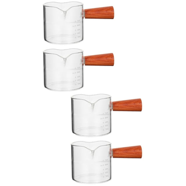 FRCOLOR 4 Pcs  Espresso Shot Glass Double Spout Measuring Triple Pitcher Cup with Wooden Handle Coffee Replacement Carafe for Coffee Sauce