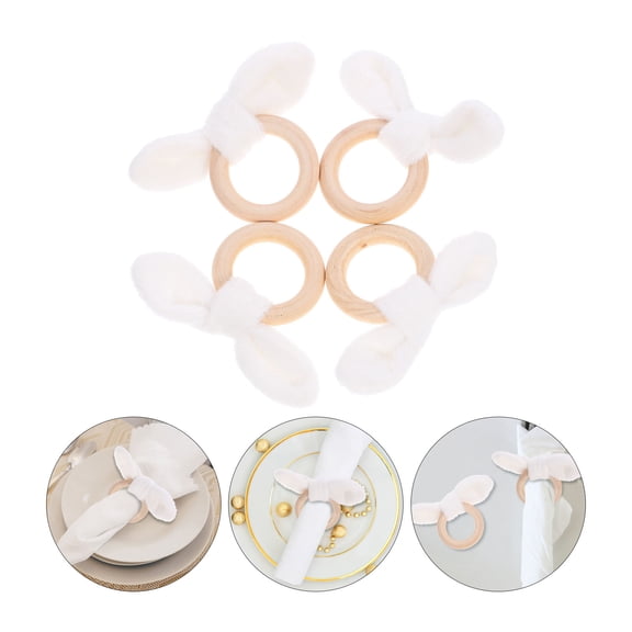 KAKOWELY 4Pcs Decorative Bunny Ear Napkin Rings Plush Wood Holders for Elegant Easter Table Setting