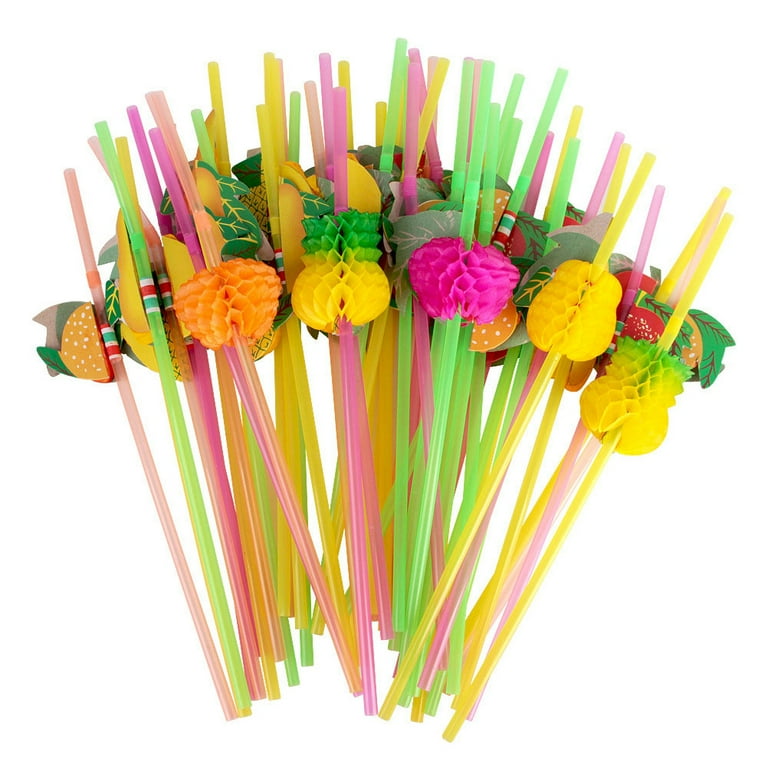 24 Pcs Reusable Tropical Plastic Drinking Straws with Fruit Charms for Home  Summer Party, 6 Designs, 10.7 in