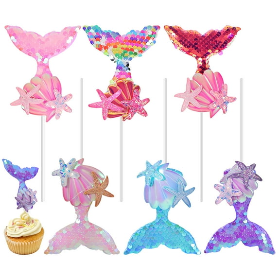 FRCOLOR Mermaid Cake Decorations with Sequins Cupcake Toppers for Birthday Party Assorted Color Cloth