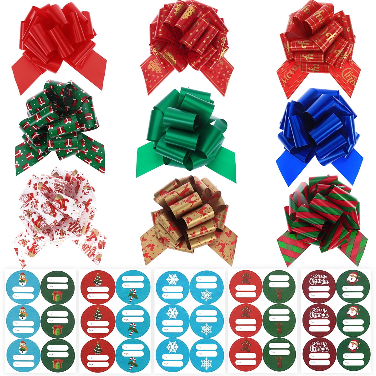 9PCS Christmas Gifts Bows with 90PCS Stickers Pull Bows Gifts Wrapping
