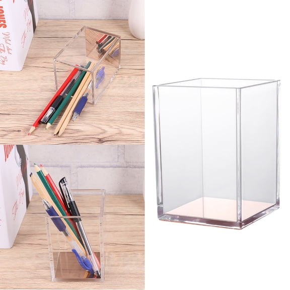 FRCOLOR Acrylic Pen Holder Transparent Brush Pot Pencil Container Desktop Stationery Organizer Gift (Golden)