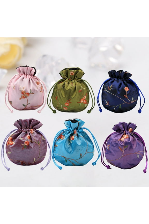 Assorted Color Silk Embroidery Jewelry Bag for Storage Use Vintage Girls Drawstring Coin Purse 6 Pcs