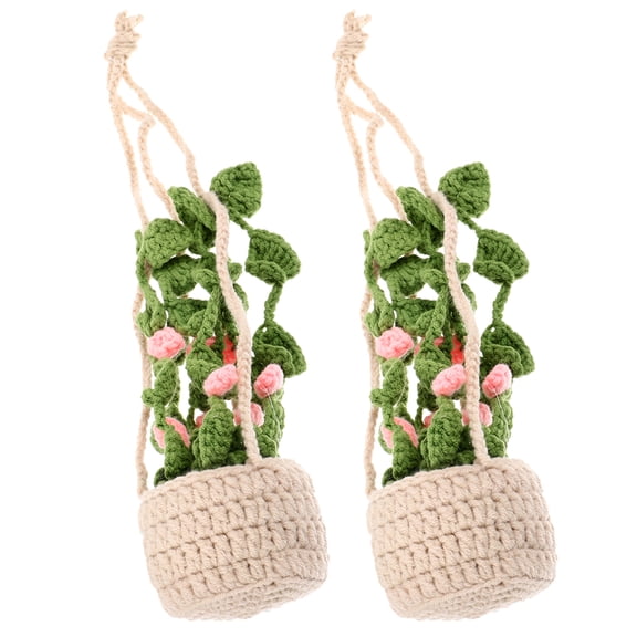 FRCOLOR Boho Car Interior Decor Crochet Potted Plant Hanging Ornament for Rear View Mirror Handmade Car Mirror Charm Cute Knitted Car Accessories