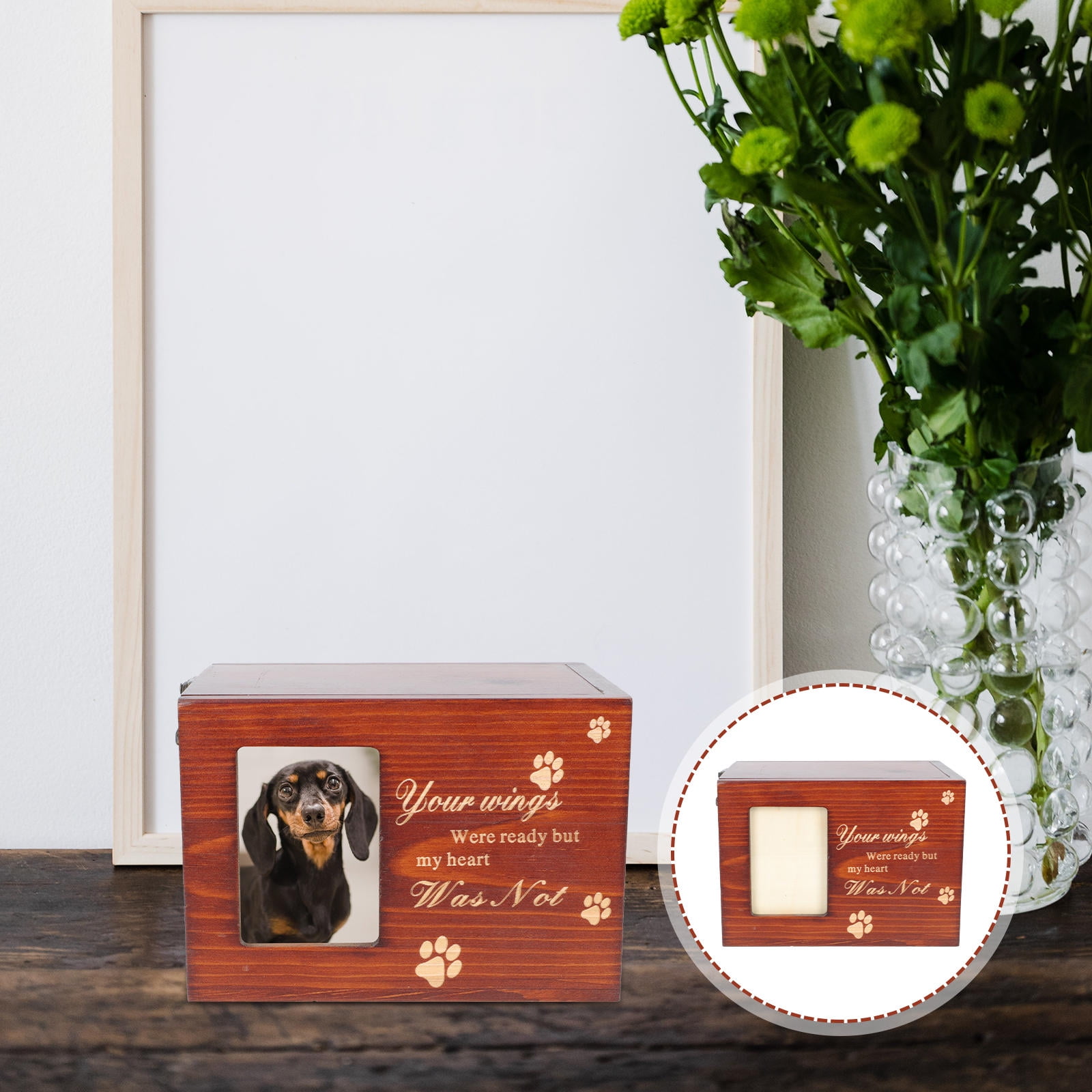 FRCOLOR Wood Memorial Box Brown Pet Urn for Ash Storage with Photo Frame