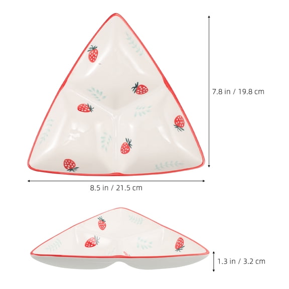 FRCOLOR Ceramic Triangular Divided Plate with Strawberry Design, Sectioned Serving Dish for Breakfast, Snacks, Appetizers, and Desserts
