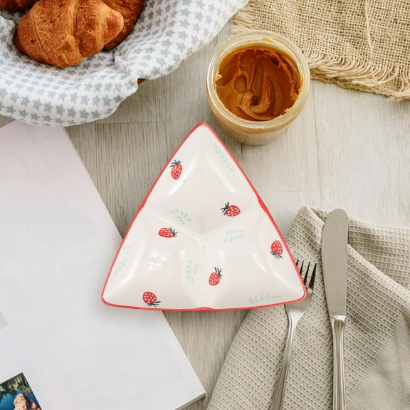 FRCOLOR Ceramic Triangular Dish Strawberry Pattern Separated Plate Breakfast Plate Divided Serving Dish Ceramic Plate for Snacks Appetizers and Desserts