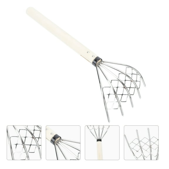 FRCOLOR Stainless Steel Clam Rake with Net Ergonomic Wood Handle for Gardening 5 Claw Silver