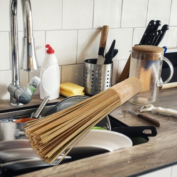 LABSERRON Washing Up Brush Wok Cleaning Whisk Brush Bamboo Khaki 1Pack