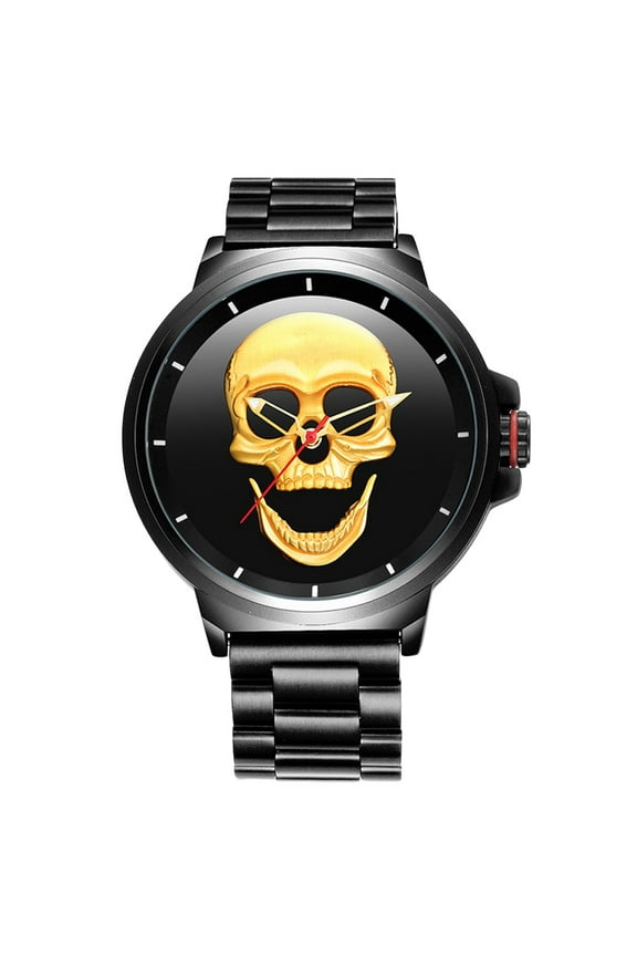 Creative 3D Skull Men's Watch Cool Luxury Casual Vintage Quartz Wristwatch (Black Shell Golden Surface)