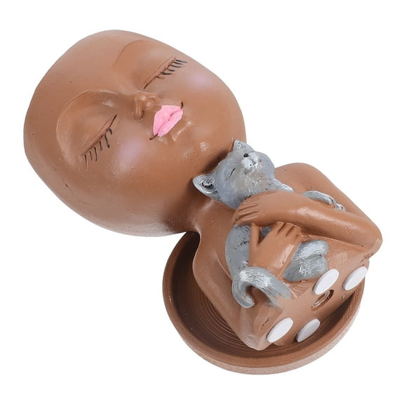 FRCOLOR Cute Girl Face Resin Planter Pot With Cat Succulent Flower Pot With Drainage Hole And Tray Decorative Plant Pot For