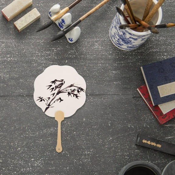 FRCOLOR DIY Handheld Paper Fans for Crafts with Wood Stand White Color Ideal for Art Projects and Gifts 8.5 x 6.5 inches