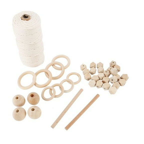 FRCOLOR DIY Macrame Kit for Adults with Beige Cotton Rope Wood Beads Rings and Sticks for Decor 1 Set