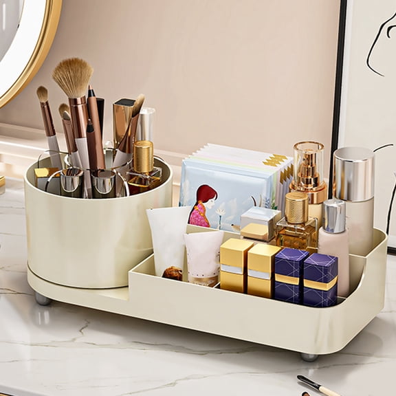 FRCOLOR Desktop Organizer Brush Storage Case Cosmetic Display Cases Makeup with Lid Travel Beige