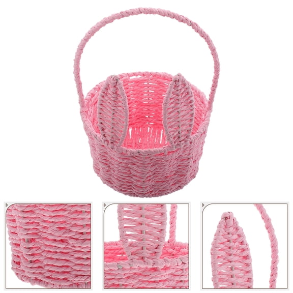 FRCOLOR Easter Bunny Woven Basket for Party Favors Handmade Straw Wicker Easter Candy Eggs for KidsCute Rabbit Picnic Hamper for Egg Hunt Party Present Toy Storage Pink