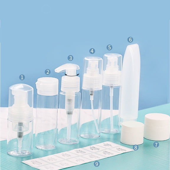 FRCOLOR Eight Piece Set of Empty Plastic Bottles for Travel Toiletries and Skin Care Products White Color
