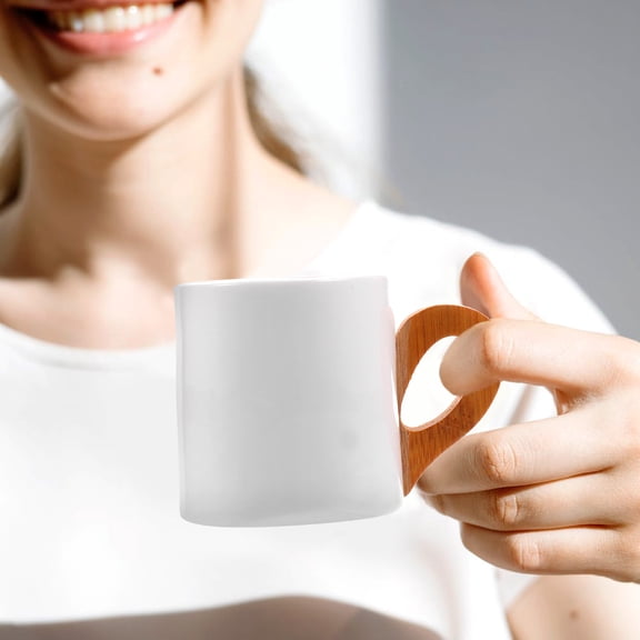 FRCOLOR Elegant White Ceramic Flat Bottom Coffee Mug with Bamboo Handle for Home and Office 12 oz