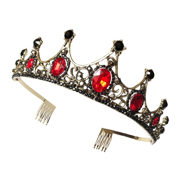 FRCOLOR Exquisite Rhinestone Crown Wedding Bride Headdress Elegant Headwear Photography Props Party Hair Accessories for Women Female (Red and Golden)