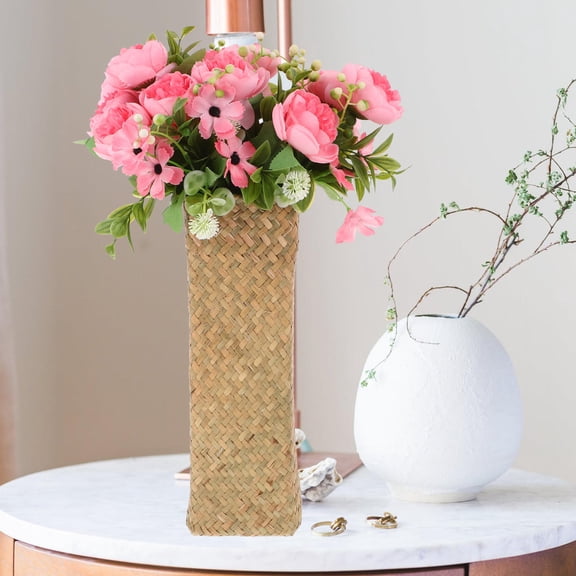 FRCOLOR Natural Beige Woven Straw Vase Decorative Flower Container for Storage and Display