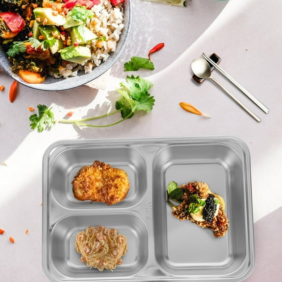 FRCOLOR Food Serving Plate with Compartment Design Prevents Mixing 304 Stainless Steel Silver Color for Home Use