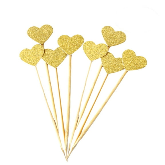 FRCOLOR Golden Paper Heart Shaped Cake Toppers and Picks for Kids Birthday Party Decoration 50 Pcs