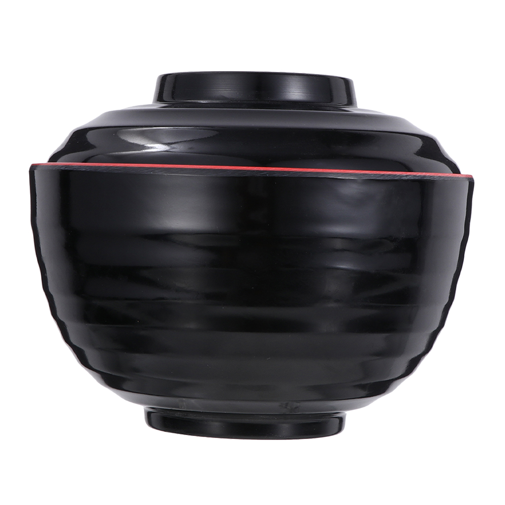 Happy Sales Japanese Soup Rice Bowl With Lid - Black Plastic Miso Bowl, 4.5 Inch Diameter