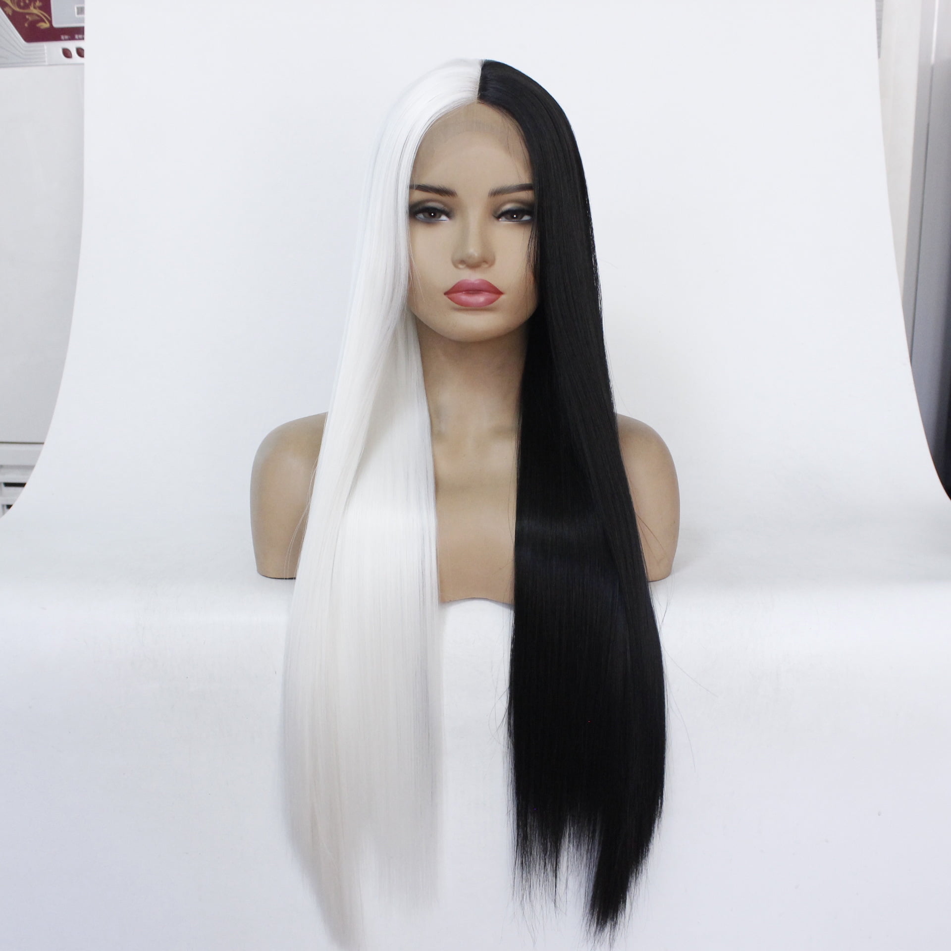 FRCOLOR Long Straight Hair Wig Half White and Half Black Wig Women Hair