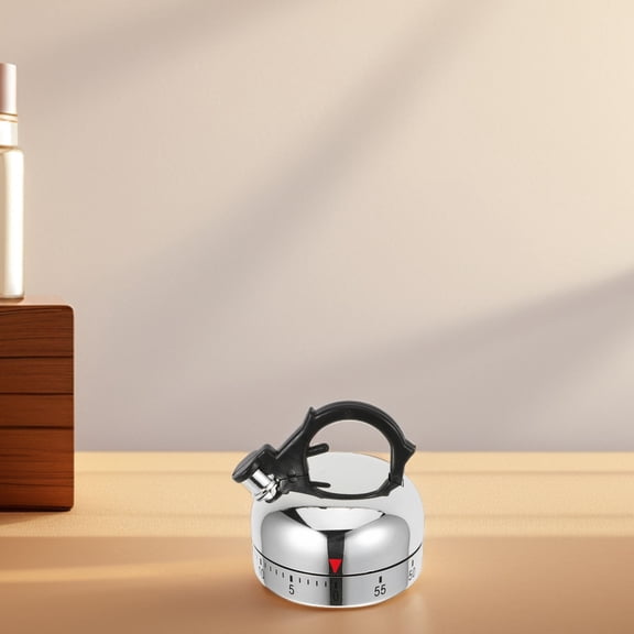 FRCOLOR Mechanical Kitchen Timer Shaped as Tea Kettle for Cooking with 60 Minutes Countdown Silver Color ABS Steel Material
