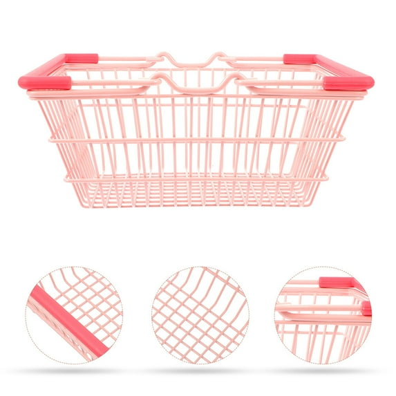 FRCOLOR Pink Mini Shopping Cart and Basket for Kids Made of Alloy Great for Storage 6 x 4 x 3 Inches
