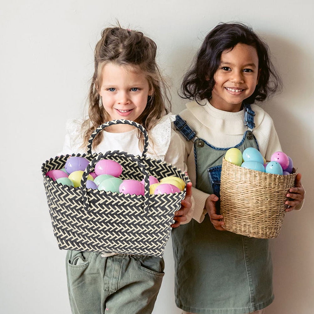FRCOLOR Portable Woven Shopping Basket with Handles for Decoration Black PP Material 2pcs