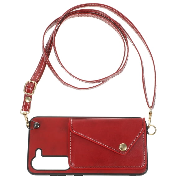WASHWEPE Mobile Phone Cover with Card Holder and Crossbody Strap in Dark Red PU