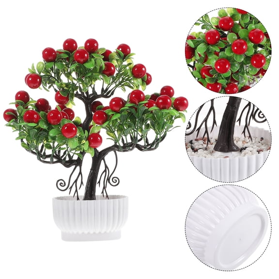 FRCOLOR Red Artificial Bonsai Plant for Home and Office Decor Realistic Faux Plant Ornament 4.5 Inch