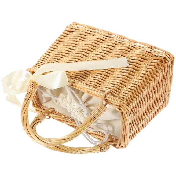 FRCOLOR Natural Wicker Woven Bag Light Brown Handheld Basket Purse for Storing Snacks Flowers and Vegetables