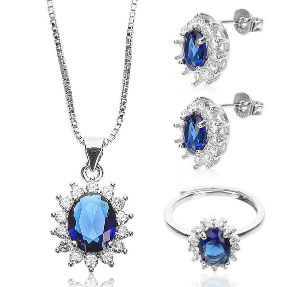 FRCOLOR Sapphire Suit Oval Shaped Necklace Blue Jewelry Set